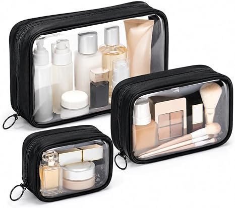 3-piece TSA-approved clear toiletry bag set made from durable PVC and nylon, designed for easy airport security checks, travel organization, and everyday storage.