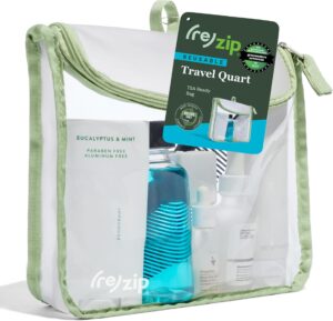 (re)zip TSA Approved Travel Toiletry Bag with Hanging Loop, Travel Quart Bag– Reusable Clear Makeup bags with zipper, Clear Pouch for Travel Essentials, Cosmetic | BPA-Free, Machine Washable – Sage