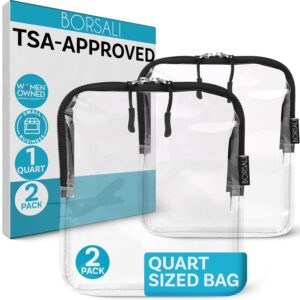 BORSALI TSA Approved Toiletry Bag – Clear Quart Size for 3-1-1 LIquids for Carry On Travel – Toiletries Organizer – Cosmetic Pouch with Zipper – Travel Accessories – 2 Pack